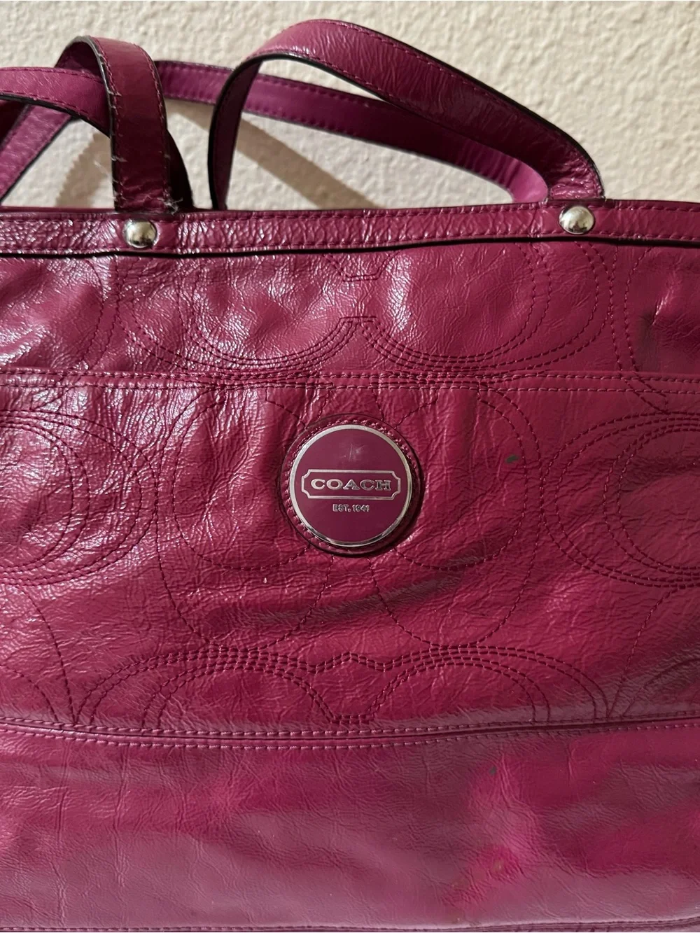 Coach Signature Leather Tote in Deep Raspberry
